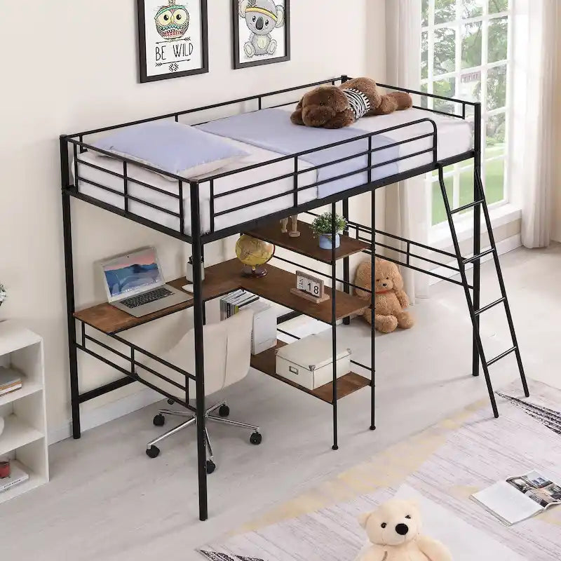 Lit mezzanine double en métal avec bureau et étagères
