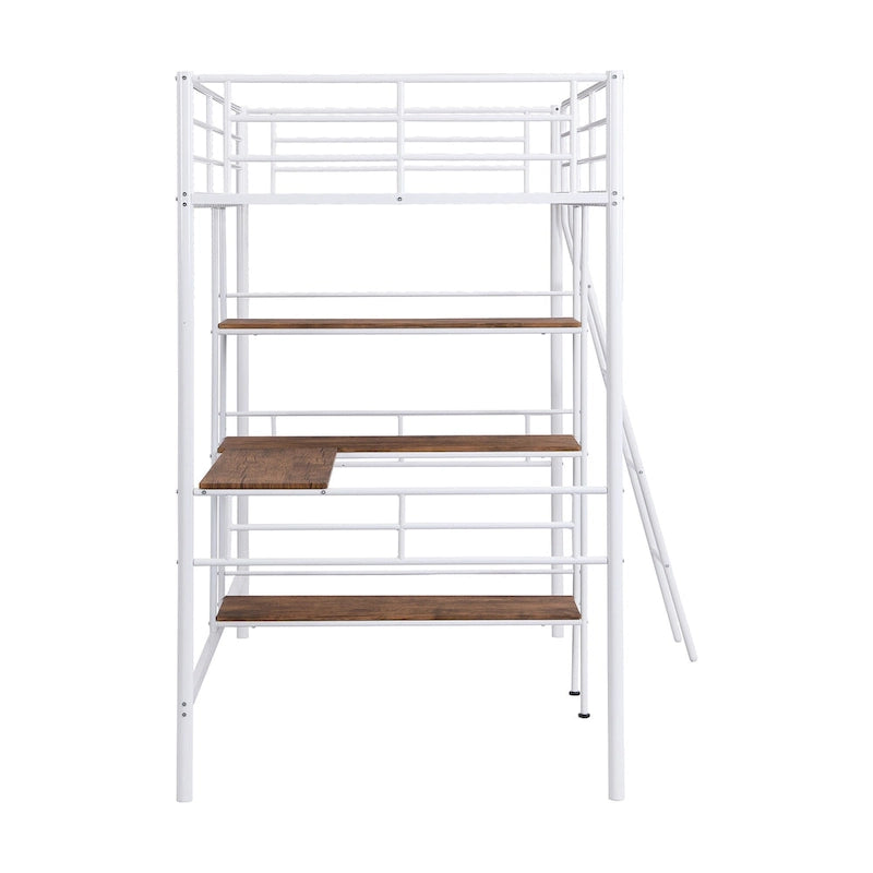 Lit mezzanine double en métal avec bureau et étagères