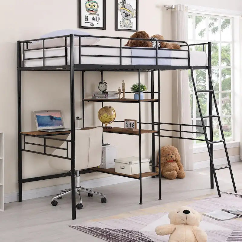 Lit mezzanine double en métal avec bureau et étagères