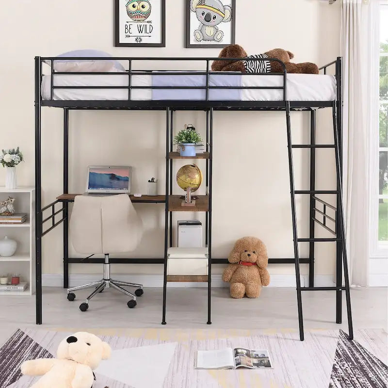 Lit mezzanine double en métal avec bureau et étagères