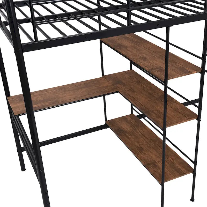Lit mezzanine double en métal avec bureau et étagères