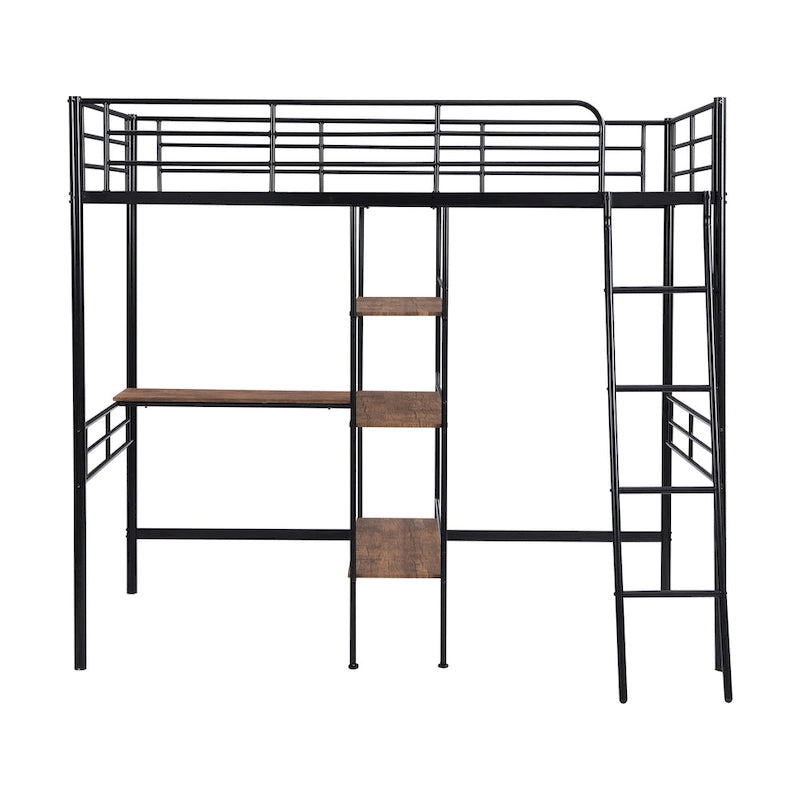 Lit mezzanine double en métal avec bureau et étagères