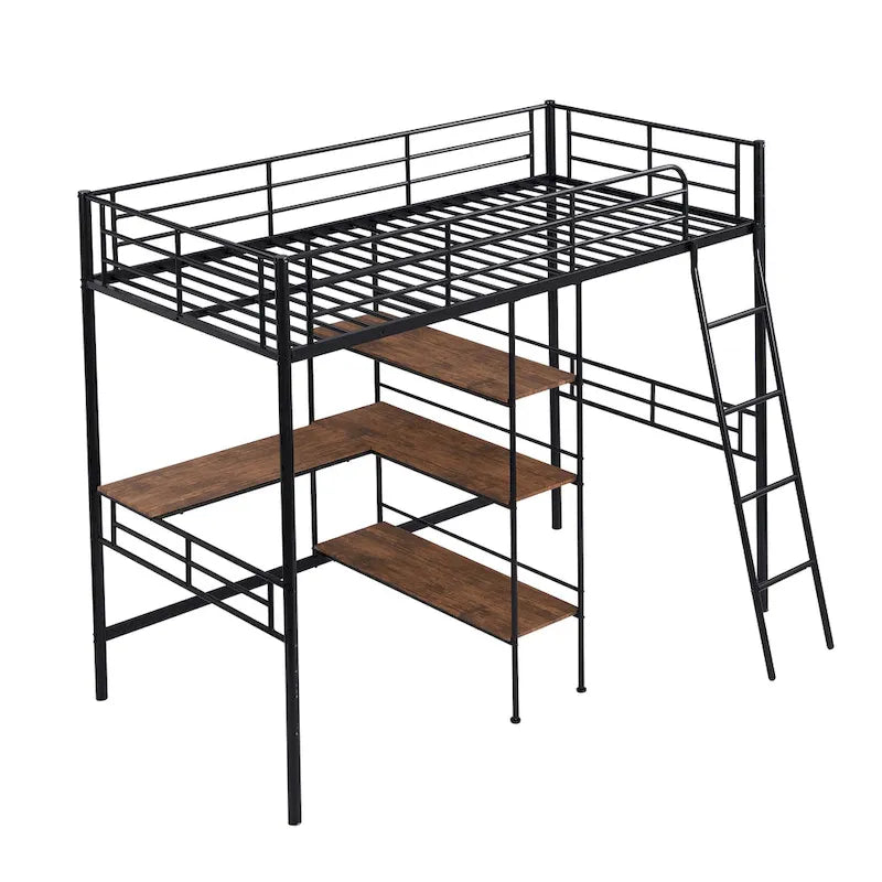 Lit mezzanine double en métal avec bureau et étagères