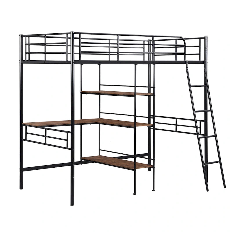 Lit mezzanine double en métal avec bureau et étagères