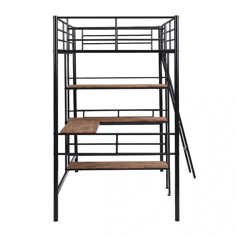Lit mezzanine double en métal avec bureau et étagères