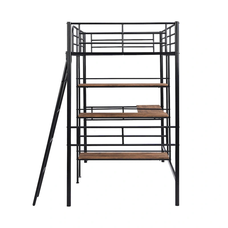 Lit mezzanine double en métal avec bureau et étagères