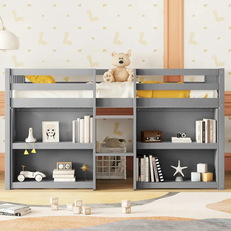 Lit bas mezzanine en bois double avec étagères et éclairage LED