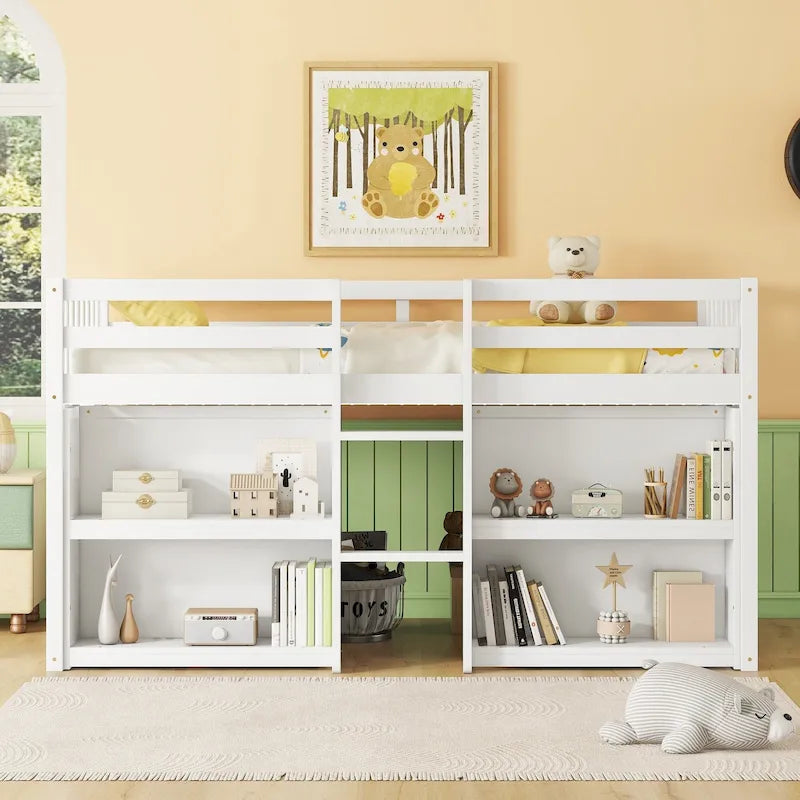 Lit bas mezzanine en bois double avec étagères et éclairage LED