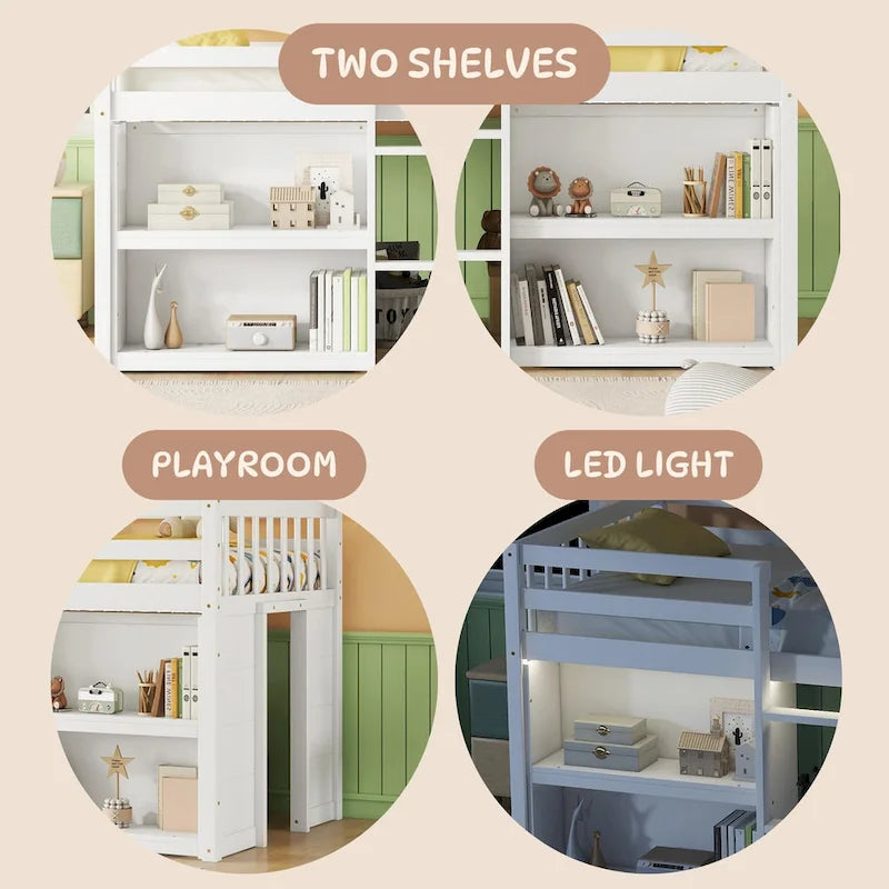 Lit bas mezzanine en bois double avec étagères et éclairage LED