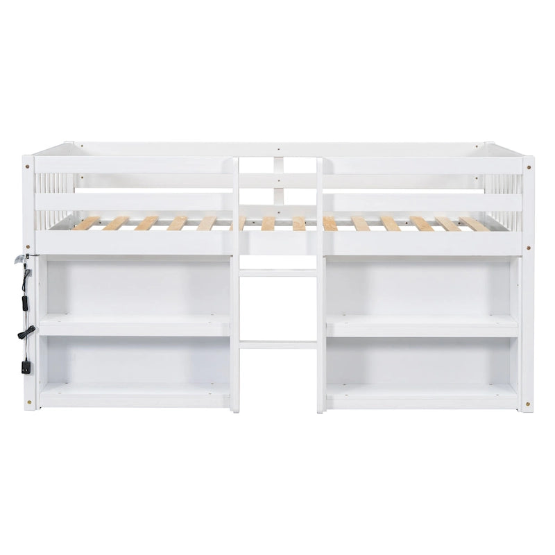 Lit bas mezzanine en bois double avec étagères et éclairage LED