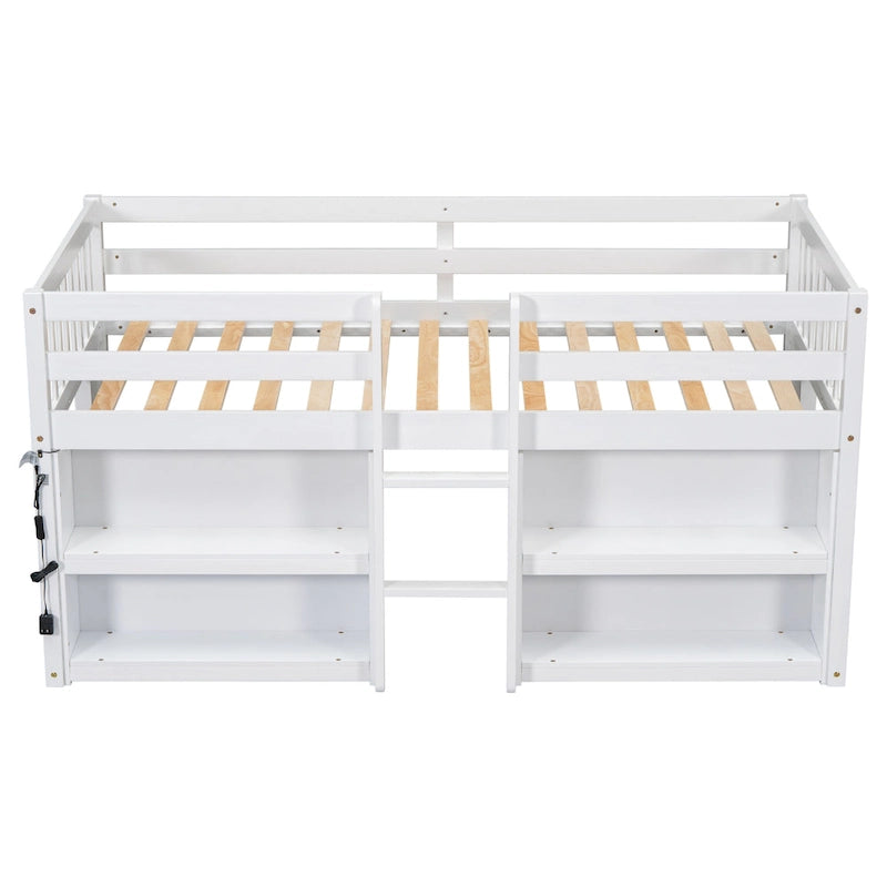 Lit bas mezzanine en bois double avec étagères et éclairage LED