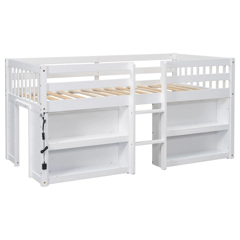 Lit bas mezzanine en bois double avec étagères et éclairage LED