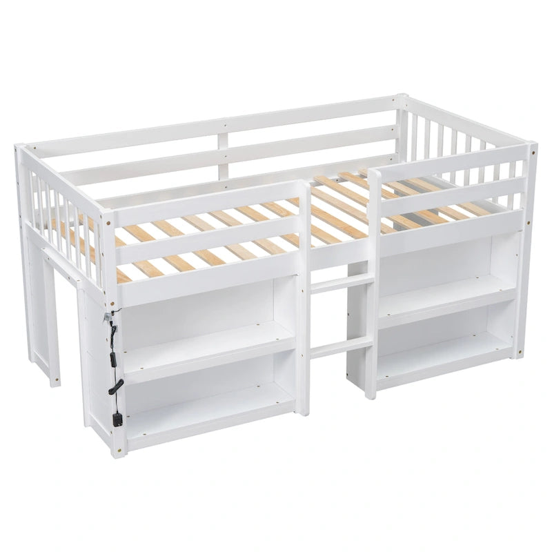 Lit bas mezzanine en bois double avec étagères et éclairage LED