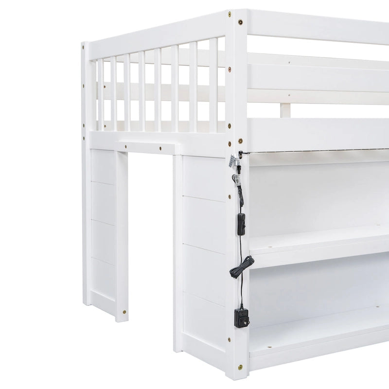 Lit bas mezzanine en bois double avec étagères et éclairage LED
