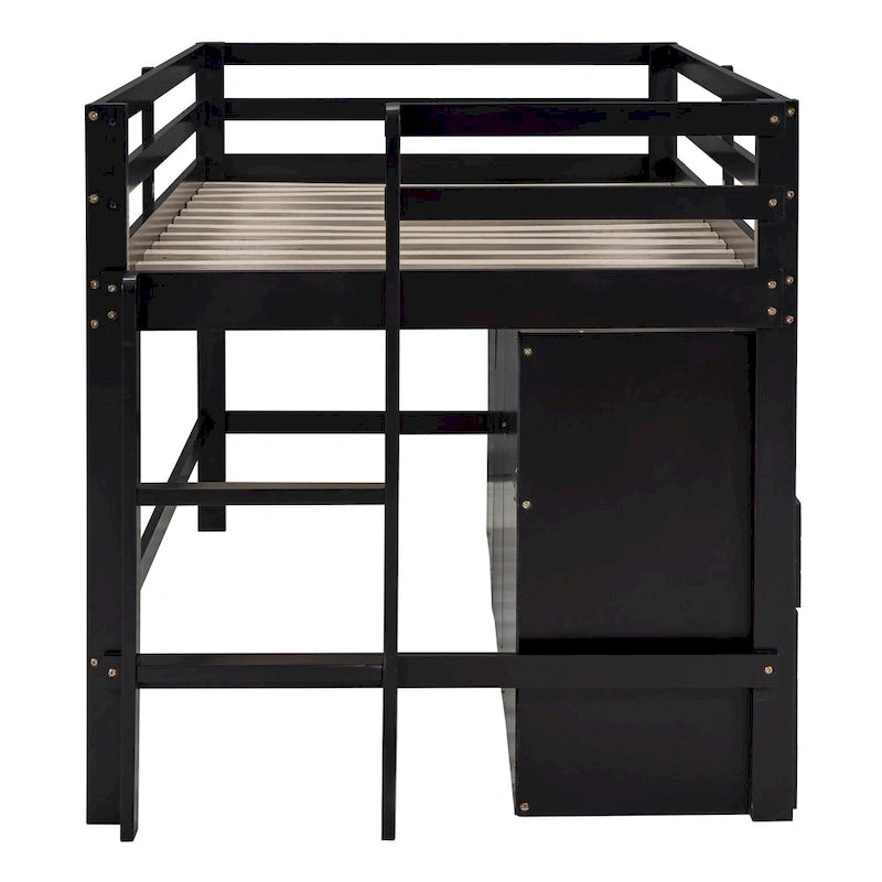 Lit mezzanine en bois massif de taille double avec tiroirs et armoires