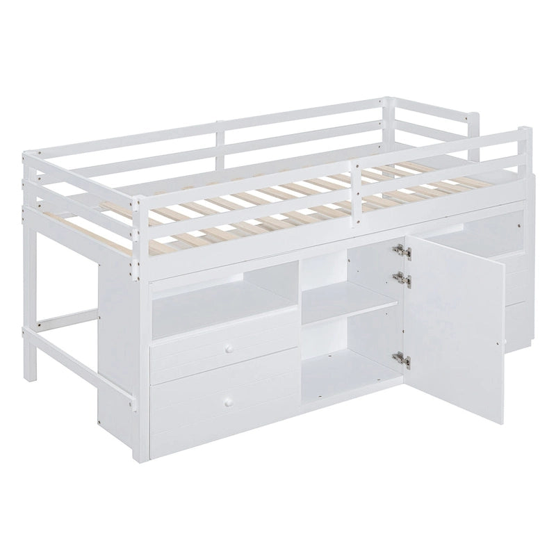 Lit mezzanine en bois massif de taille double avec tiroirs et armoires