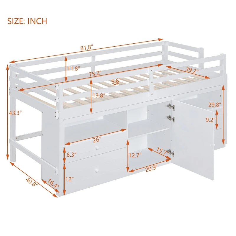 Lit mezzanine en bois massif de taille double avec tiroirs et armoires