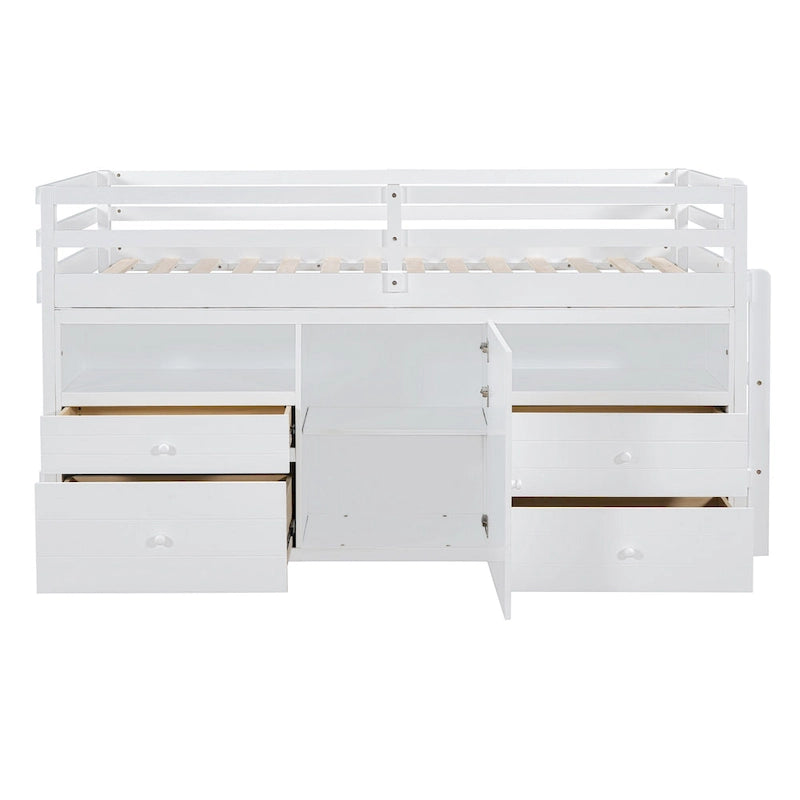 Lit mezzanine en bois massif de taille double avec tiroirs et armoires