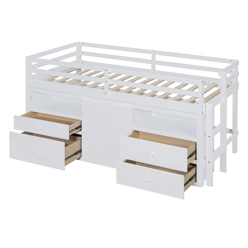 Lit mezzanine en bois massif de taille double avec tiroirs et armoires