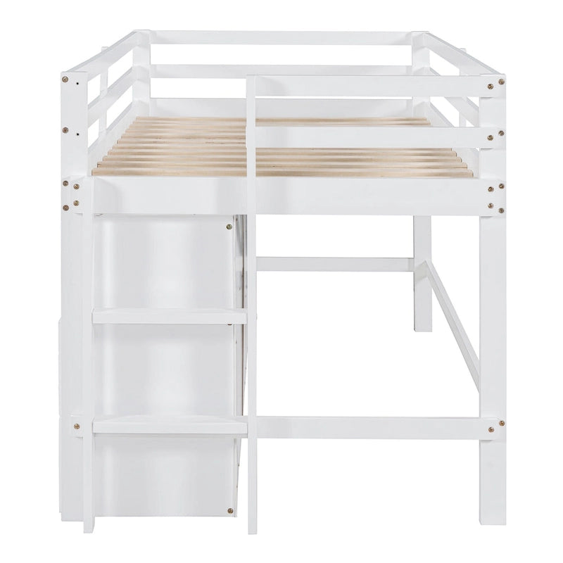 Lit mezzanine en bois massif de taille double avec tiroirs et armoires