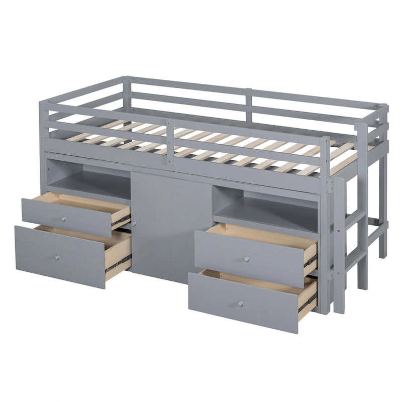 Lit mezzanine en bois massif de taille double avec tiroirs et armoires