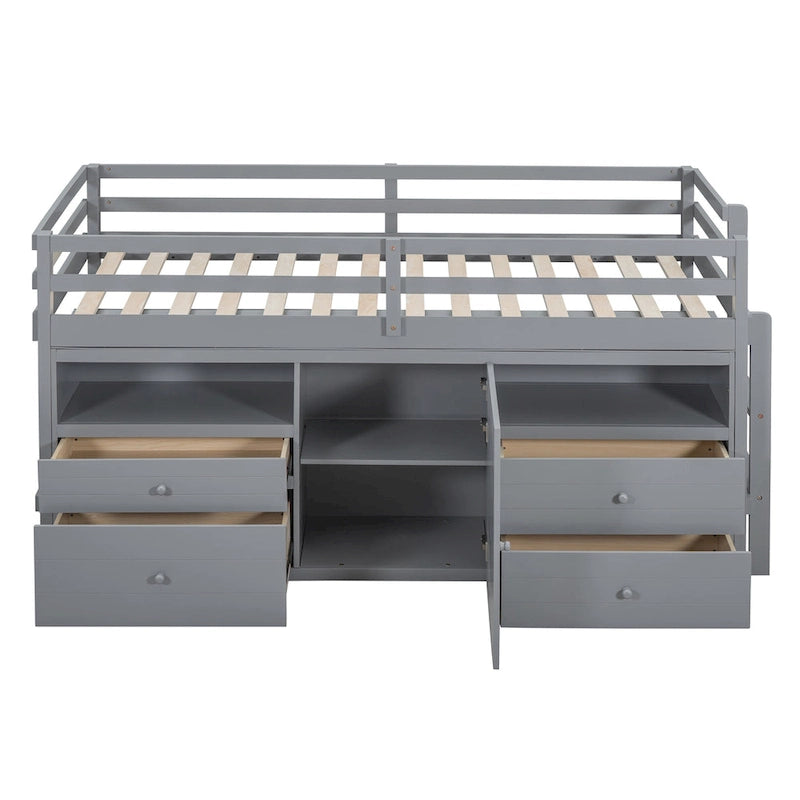 Lit mezzanine en bois massif de taille double avec tiroirs et armoires