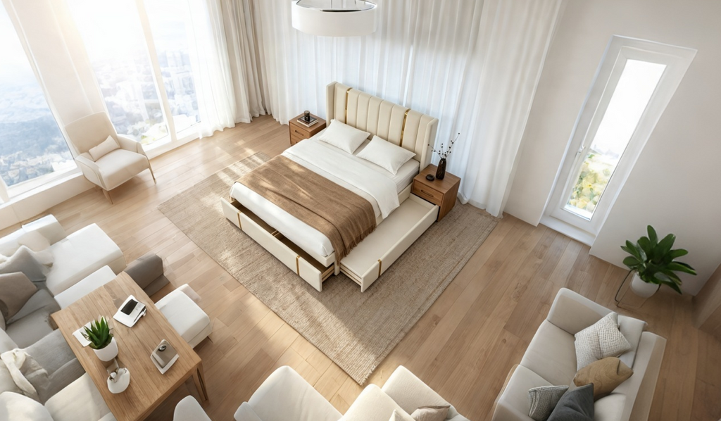 Lit double rembourré avec lit gigogne et 2 tiroirs, lit plateforme en velours beige avec chargeur USB et veilleuse