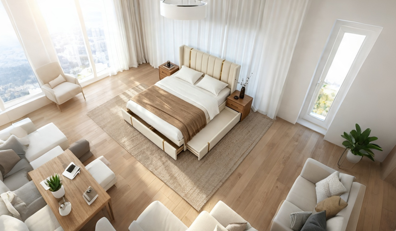 Lit double rembourré avec lit gigogne et 2 tiroirs, lit plateforme en velours beige avec chargeur USB et veilleuse