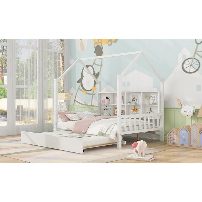 Lit cabane en bois de taille standard avec lit gigogne, lit pour enfants avec étagère