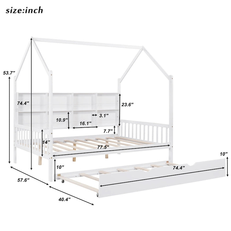 Lit cabane en bois de taille standard avec lit gigogne, lit pour enfants avec étagère
