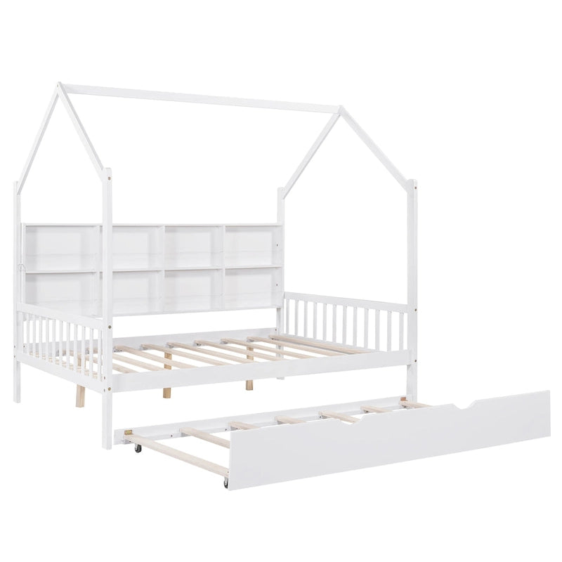 Lit cabane en bois de taille standard avec lit gigogne, lit pour enfants avec étagère