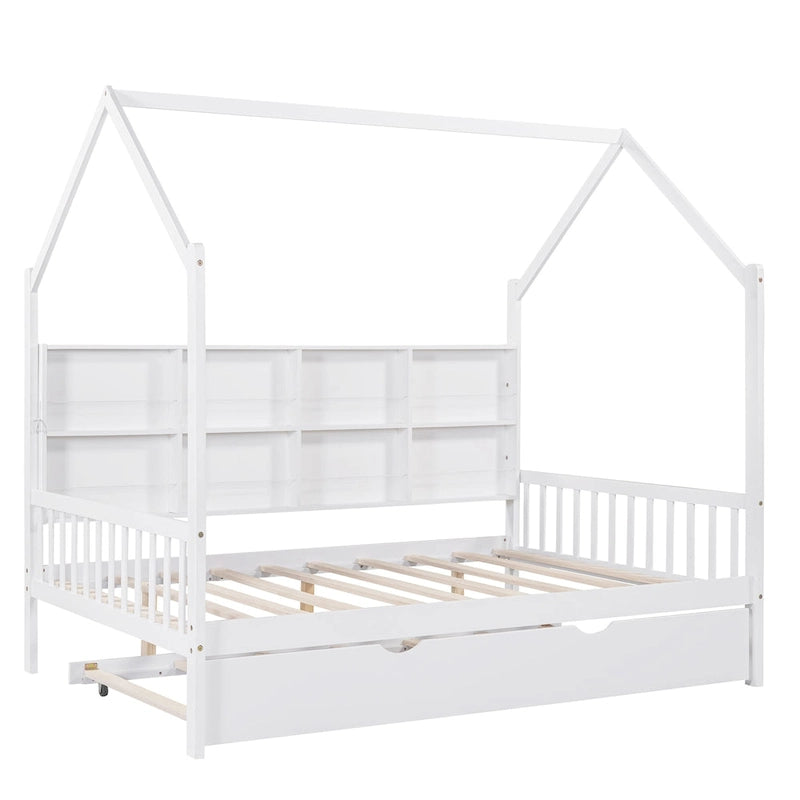 Lit cabane en bois de taille standard avec lit gigogne, lit pour enfants avec étagère