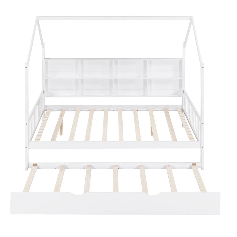 Lit cabane en bois de taille standard avec lit gigogne, lit pour enfants avec étagère