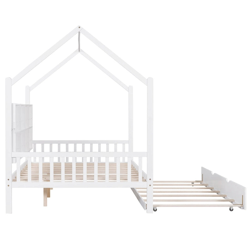 Lit cabane en bois de taille standard avec lit gigogne, lit pour enfants avec étagère