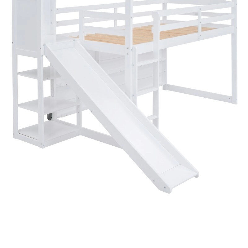 Lit mezzanine Wood House avec toboggan, étagères de rangement, rampe d'escalade et lumière