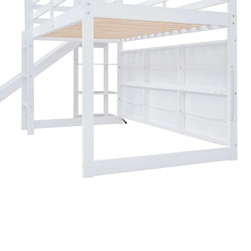Lit mezzanine Wood House avec toboggan, étagères de rangement, rampe d'escalade et lumière