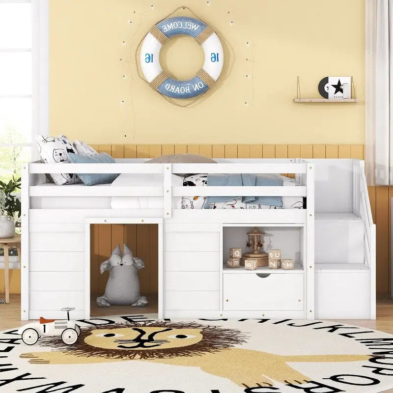 Twin Size Low Loft Bed with Bookshelf, Drawer and Staircase