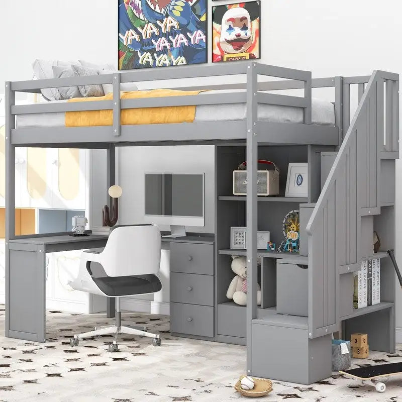 Multifunctional Wood Twin Size Loft Bed with L-Shaped Desk and Storage Staircase, Loft Bed Frame with Cabinet and Drawers