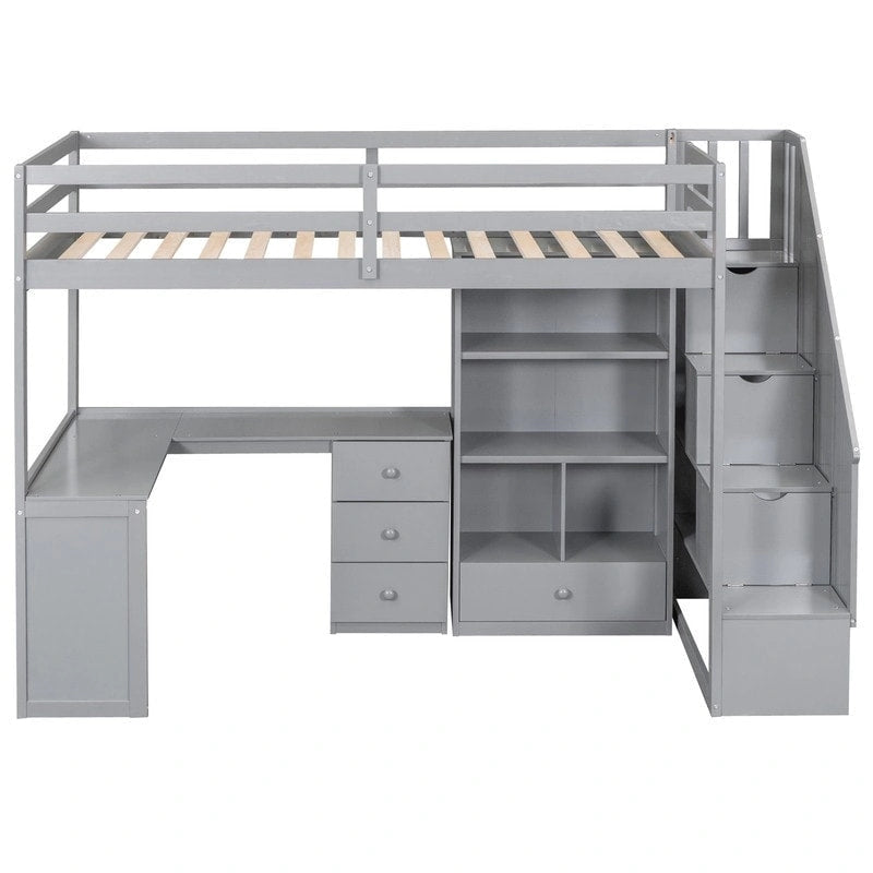Lit mezzanine double multifonctionnel en bois avec bureau en L et escalier de rangement, cadre de lit mezzanine avec armoire et tiroirs