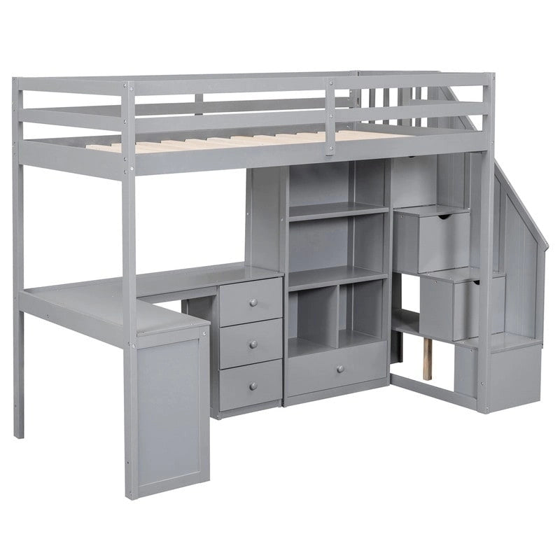 Lit mezzanine double multifonctionnel en bois avec bureau en L et escalier de rangement, cadre de lit mezzanine avec armoire et tiroirs
