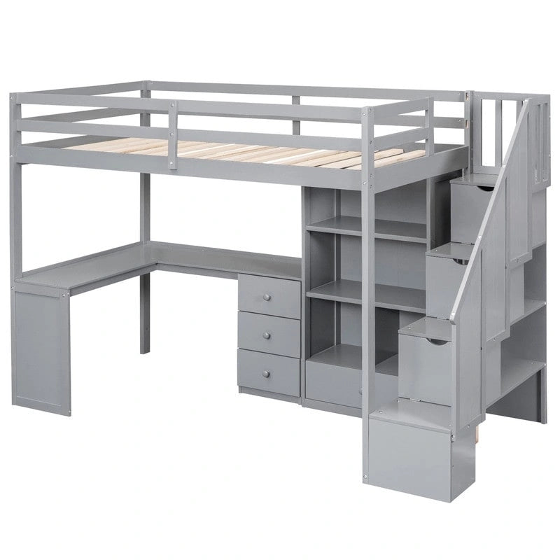 Lit mezzanine double multifonctionnel en bois avec bureau en L et escalier de rangement, cadre de lit mezzanine avec armoire et tiroirs