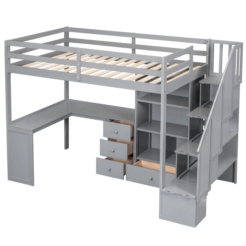 Lit mezzanine double multifonctionnel en bois avec bureau en L et escalier de rangement, cadre de lit mezzanine avec armoire et tiroirs