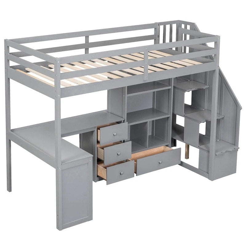 Lit mezzanine double multifonctionnel en bois avec bureau en L et escalier de rangement, cadre de lit mezzanine avec armoire et tiroirs