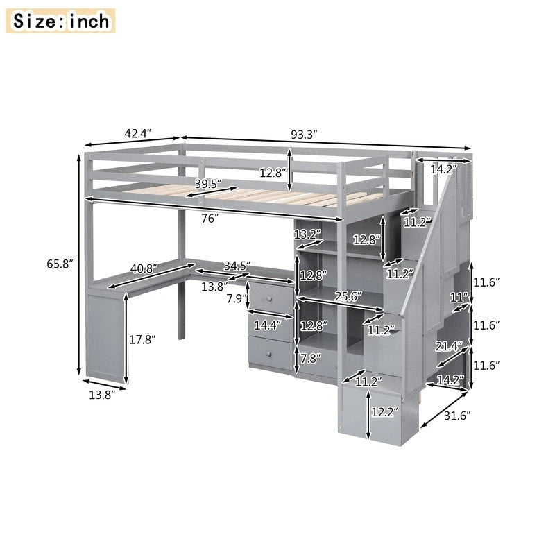 Lit mezzanine double multifonctionnel en bois avec bureau en L et escalier de rangement, cadre de lit mezzanine avec armoire et tiroirs