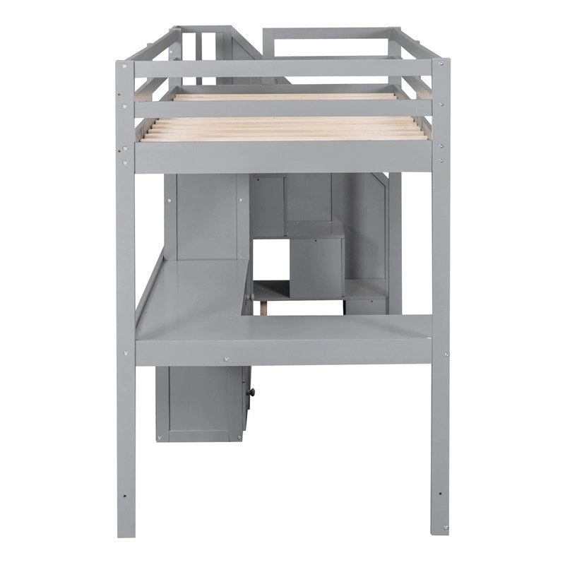 Lit mezzanine double multifonctionnel en bois avec bureau en L et escalier de rangement, cadre de lit mezzanine avec armoire et tiroirs