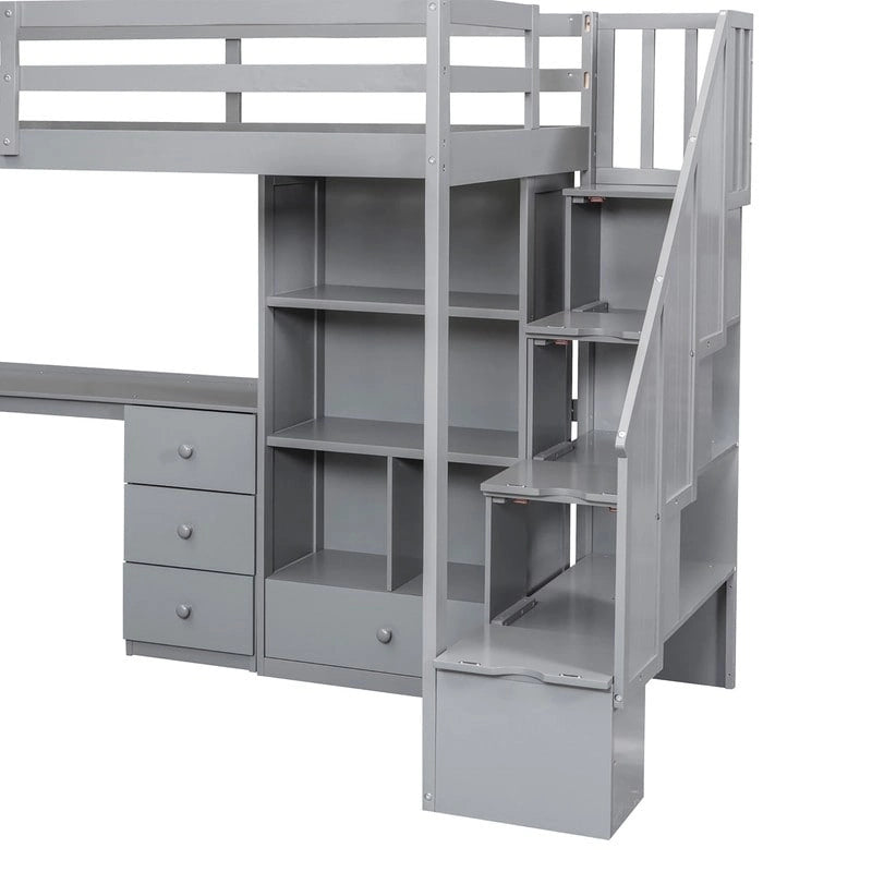 Lit mezzanine double multifonctionnel en bois avec bureau en L et escalier de rangement, cadre de lit mezzanine avec armoire et tiroirs