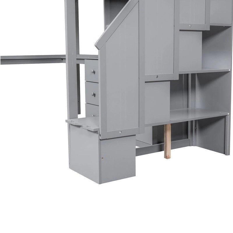 Lit mezzanine double multifonctionnel en bois avec bureau en L et escalier de rangement, cadre de lit mezzanine avec armoire et tiroirs