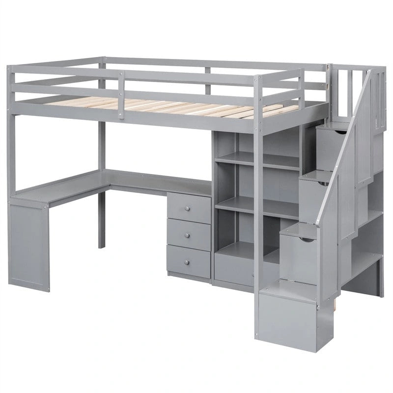 Lit mezzanine double multifonctionnel en bois avec bureau en L et escalier de rangement, cadre de lit mezzanine avec armoire et tiroirs
