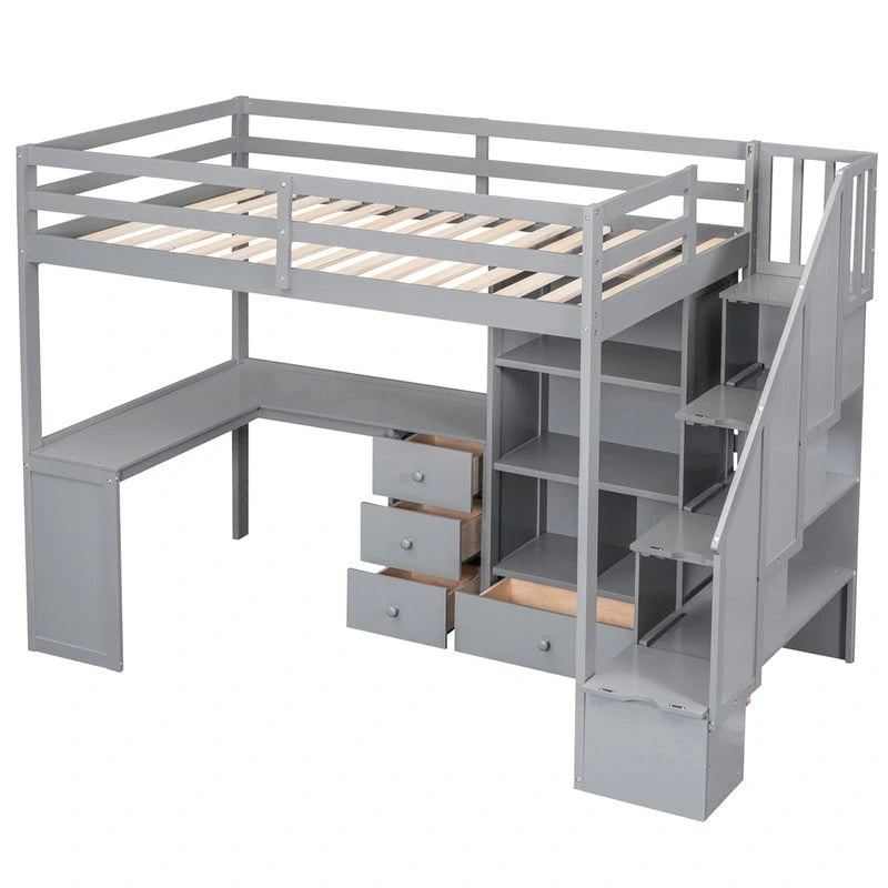 Lit mezzanine double multifonctionnel en bois avec bureau en L et escalier de rangement, cadre de lit mezzanine avec armoire et tiroirs