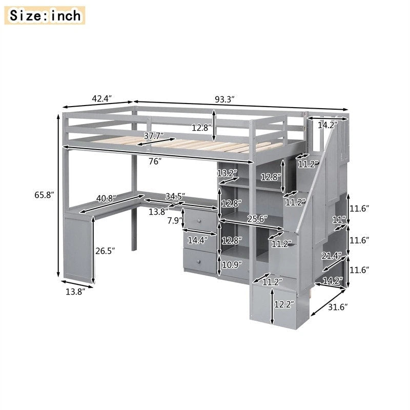 Lit mezzanine double multifonctionnel en bois avec bureau en L et escalier de rangement, cadre de lit mezzanine avec armoire et tiroirs